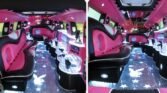 The lavish interior of a pink Hummer limousine, featuring plush seating, LED lighting, and a high-end entertainment system for an unforgettable ride.